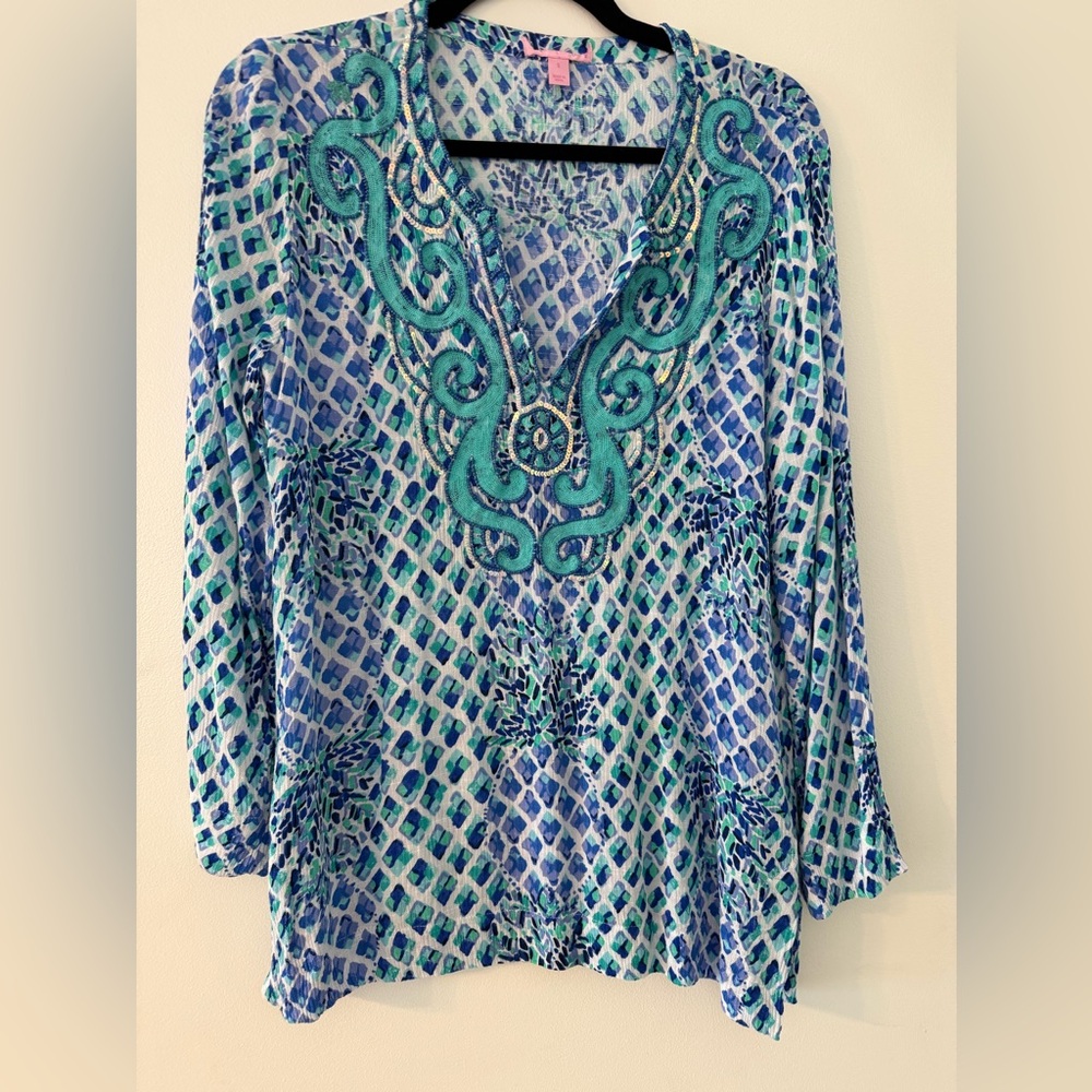 Lilly Pulitzer AMELIA ISLAND TUNIC Resort White Toe In BEADED Blue
